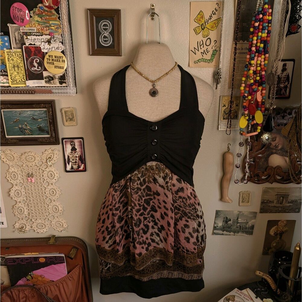 Y2K Animal Print Tiered Mini Dress Women's Small Black Pink Mesh Gyaru Babydoll